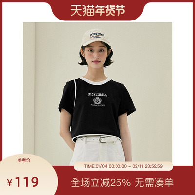 PIT黑色纯棉圆领字母印花短款T恤短袖女2025夏新款休闲修身上衣