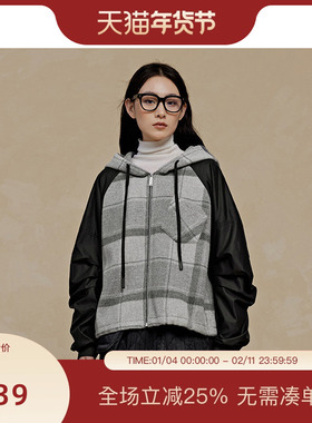 PIT复古格纹短外套女2025春季新款长袖连帽棒球服外套百搭运动风