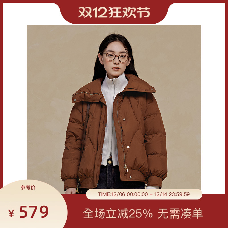 PIT复古砖红色鸭绒羽绒服女2025冬季新款保暖短外套小个子显高