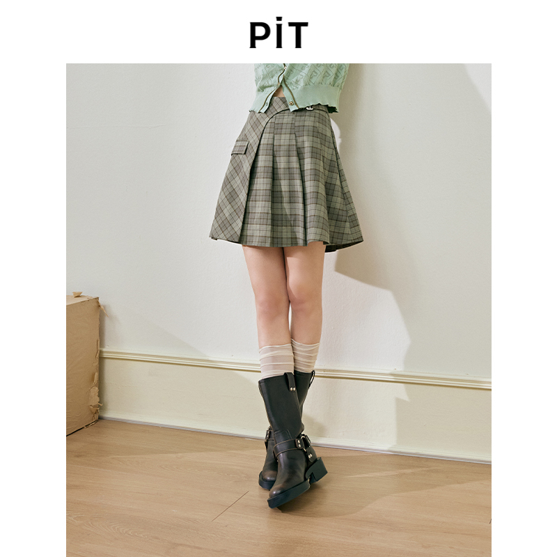 【百褶百搭标配】PIT复古法式格子显瘦短裙女2025秋新款a字半身裙