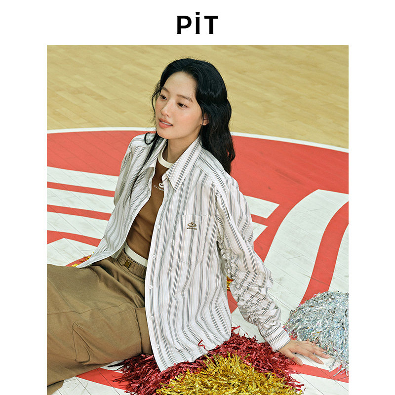 PIT经典竖条纹logo刺绣宽松长袖衬衫女秋季薄款外套上衣图片
