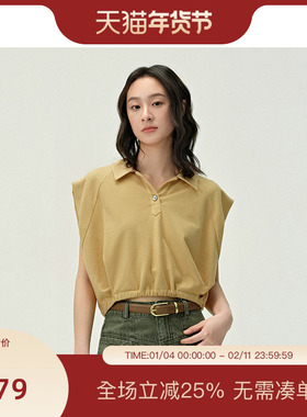 PIT复古纯色纯棉polo领无袖T恤女2025夏宽松休闲薄款透气上衣