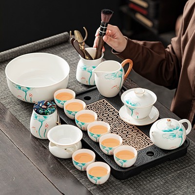 2024新款羊脂玉白瓷功夫茶具套装家用轻奢高档荷花陶瓷泡茶壶茶杯