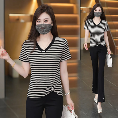时尚V领短袖条纹T恤女百搭上衣潮