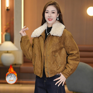 冬季复古风羊羔毛翻领短外套女加厚保暖显瘦夹克加棉夹衣2025新款