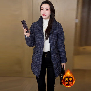 新款 格纹外套女2025冬季 显瘦保暖棉服潮 高级感加绒加厚中长款 时尚