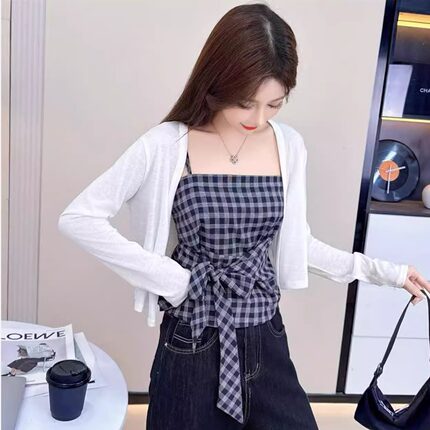 法式时尚简约格子吊带背心女2025秋季新款设计感收腰显瘦辣妹外披