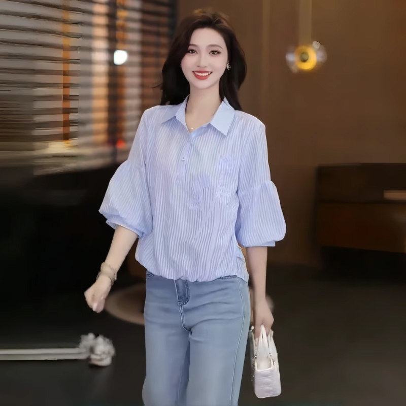 时尚条纹七分袖衬衫女士宽松上衣