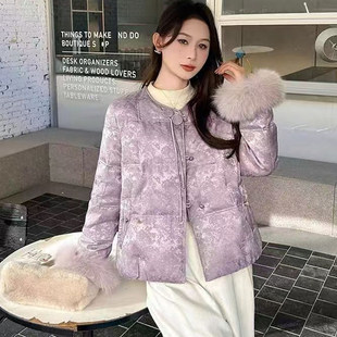 新中式红色短款羽绒服女冬季圆领宽松盘扣保暖毛领50绒白鸭绒外套