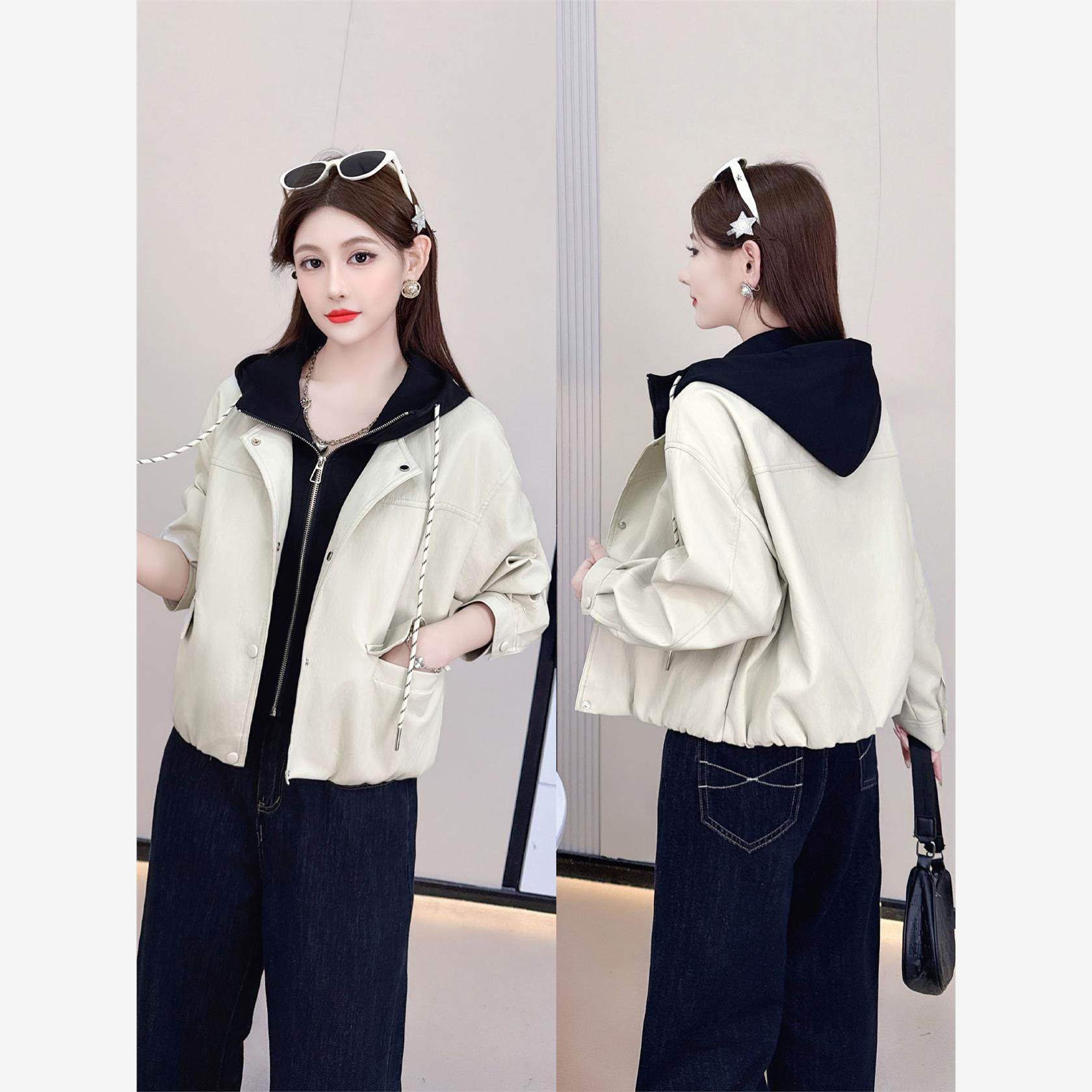 连帽皮衣外套女2025春秋拼接撞色减龄假两件短款百搭长袖夹克上衣,女装/女士精品,皮衣,淘宝优惠券,粉丝福利购,淘宝优惠卷