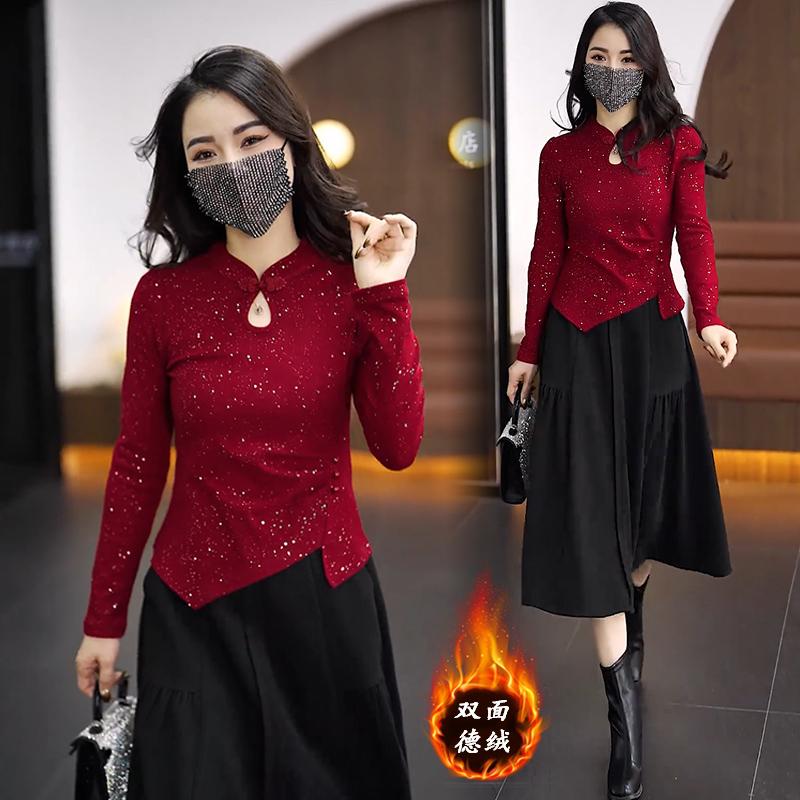 时尚新中式盘扣德绒打底内搭上衣