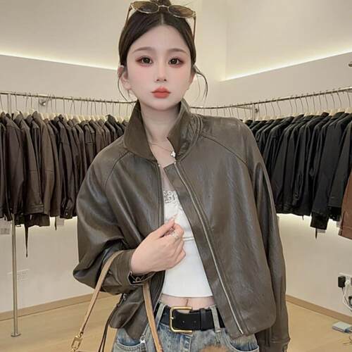 复古机车风短款皮衣女2026秋新款时尚翻领拉链显瘦皮夹克百搭外套