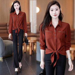 洋气下摆打结长袖衬衫女宽松显瘦2025早秋薄款韩版设计感小众衬衣