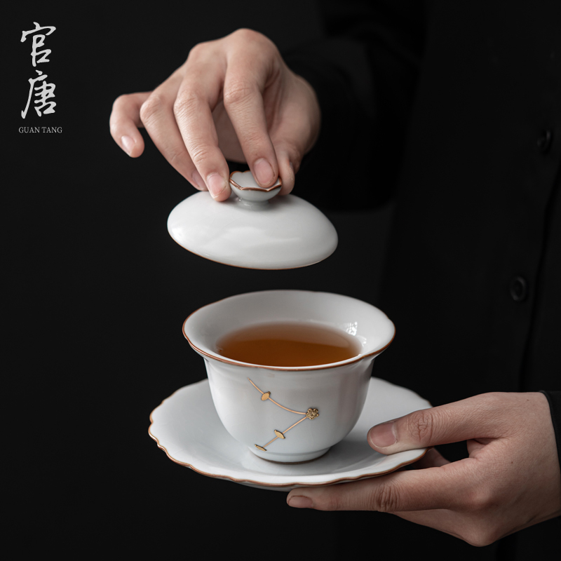 汝窑锔钉盖碗茶杯三才泡茶碗开片套装大号不烫手敬茶陶瓷功夫茶具