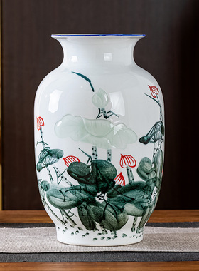 景德镇陶瓷新中式手绘荷花水培插花器客厅酒柜装饰品摆件玄关摆设