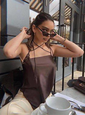 新款欧美女装夏季2022外贸热销纯色绸缎裹胸性感上衣系带露背吊带