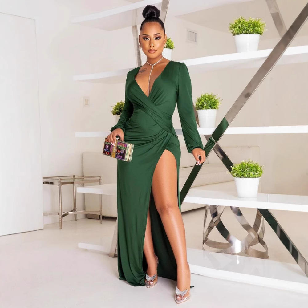 新款 2021季新eBay亚马逊欧美长袖通勤开衩v领性感连衣裙单件