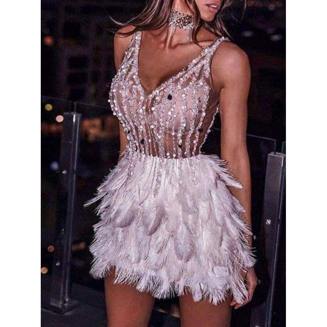 2021欧美外贸ebay亚马逊性感羽毛V领修身短款礼服连衣裙基本款