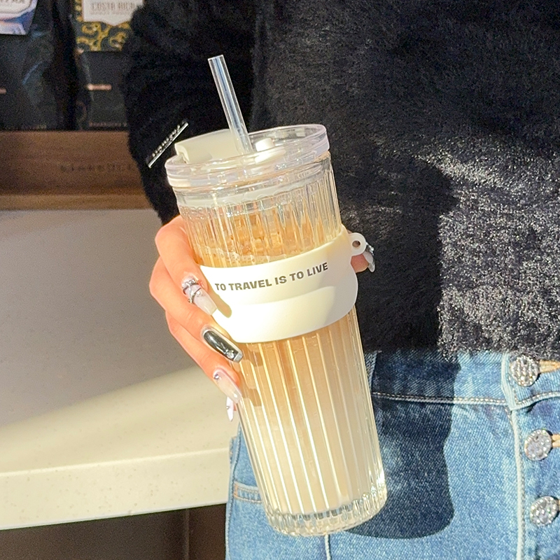 茶迷加厚玻璃杯带盖吸管杯套