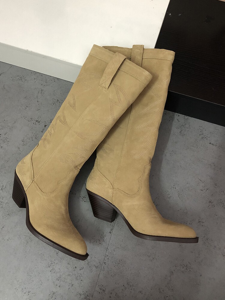 ZARA R 두꺼운 뒤꿈치 높은 카우보이 부츠 여성의 새로운 지적 발가락 낙타 부츠 누벅 가죽 하이힐 섹시한 웨스턴 부츠