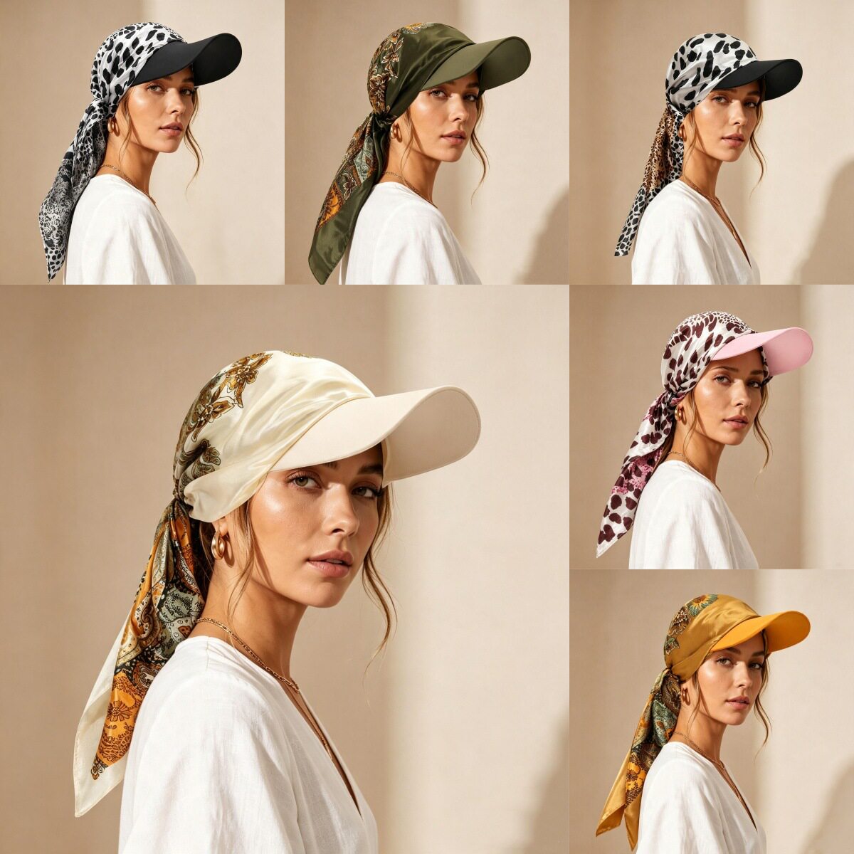 cap women 印花带帽檐头巾帽 女士遮阳包头帽 佩斯利丝巾套头帽