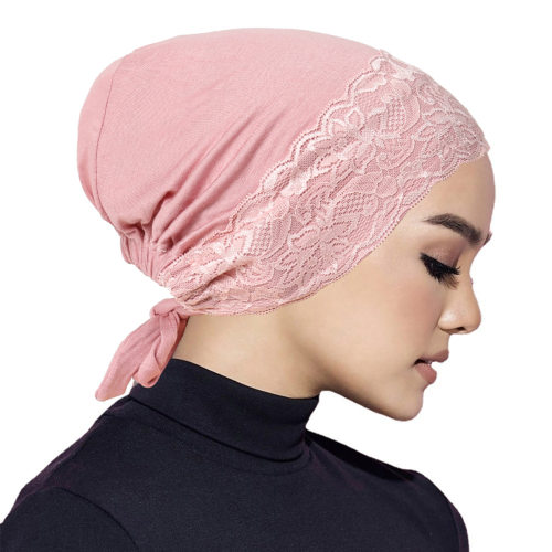 Women cap 纯色丝光棉绑带松紧打底帽 可系绳可调节蕾丝头巾帽