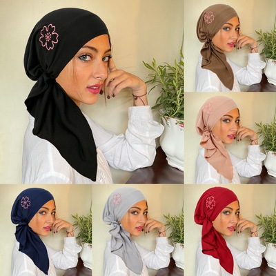 Cap turban 女士弧形帽 弹力布包头帽 女士侧面刺绣花朵帽