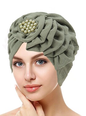 Cap turban 四季多色花朵纯色打皱长条单侧贴花头巾帽时尚街拍