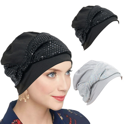 Turban 亮片扭扭打结头巾帽柔软舒适时尚包头帽日常穿搭女士帽子