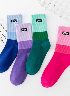 GOLF刺绣可爱渐变色外穿个性紫色袜子女渐变百搭中筒袜男运动袜