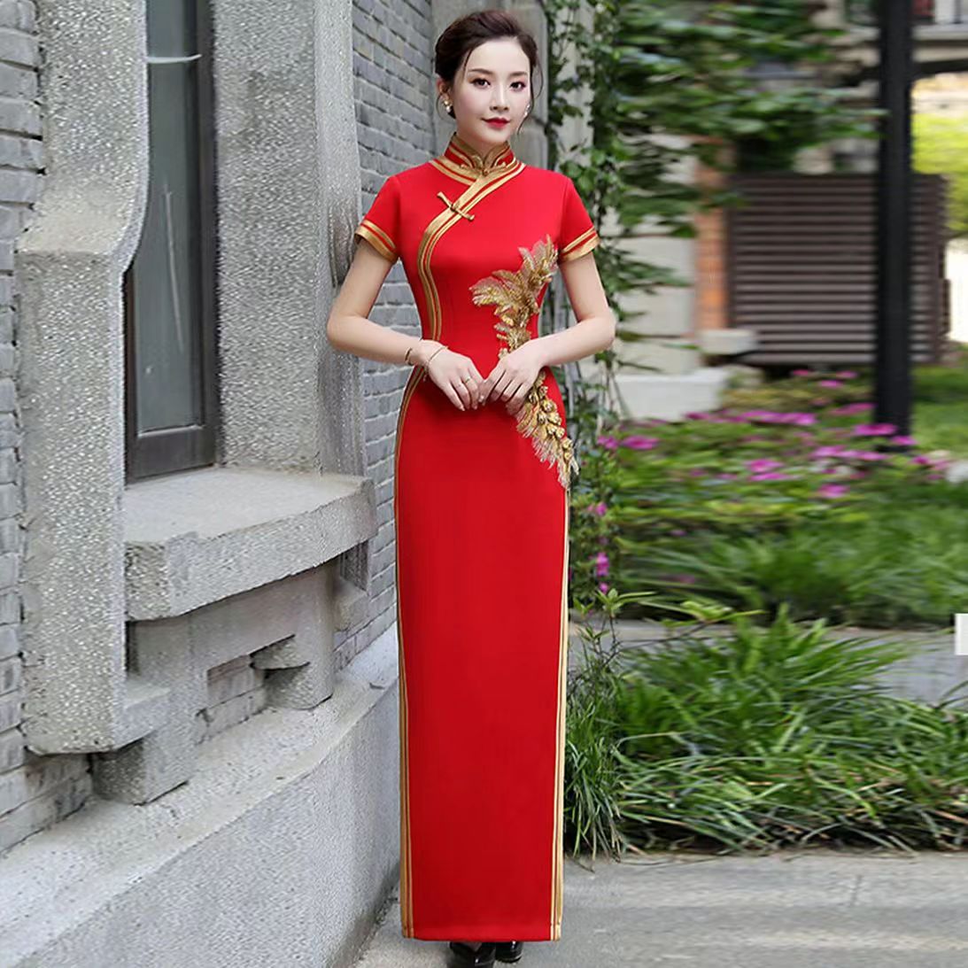 新中式长旗袍女高级感走秀演出爆款中国风斜襟优雅短袖连衣裙妈妈