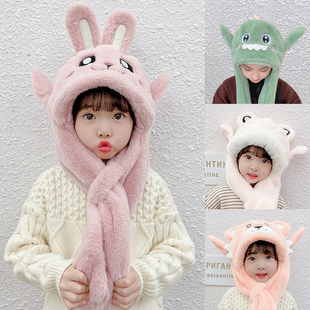 网红耳朵会动儿童帽秋冬季 男女童加厚保暖围脖防风宝宝护耳毛绒帽