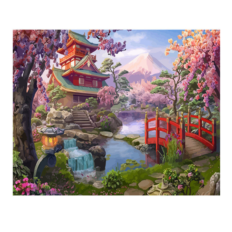爱梦鸟数字油画diy填充中国风古代亭台楼阁手工填色风景装饰画油