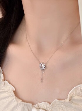 S999纯银星月项链女奢足银锁骨链