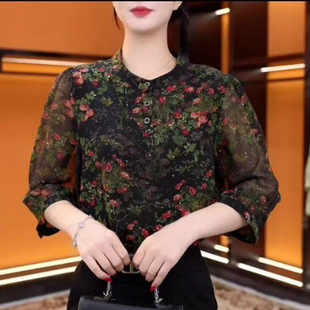 雪纺衬衫黑色显瘦七分袖圆领时尚妈妈装减龄洋气碎花衬衫女