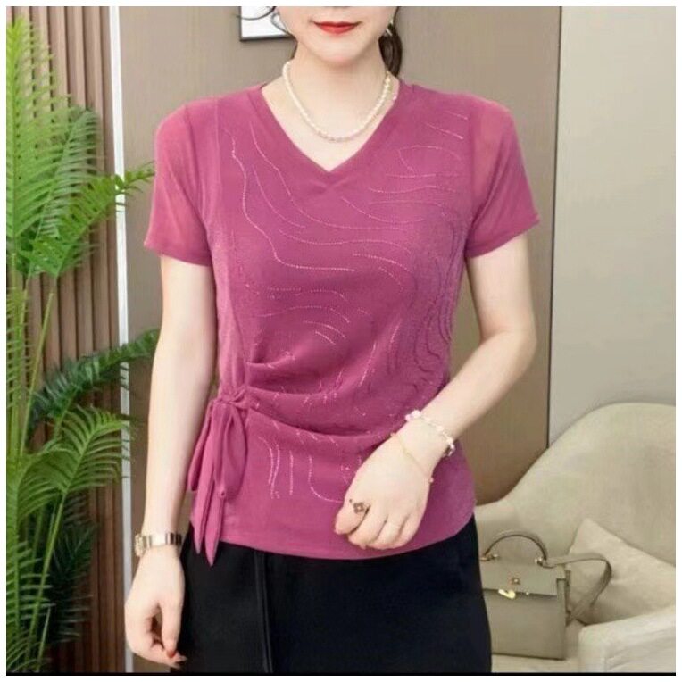 2026夏季新款V领系带网纱短袖小衫时尚气质显瘦遮肉女士薄款T恤衫