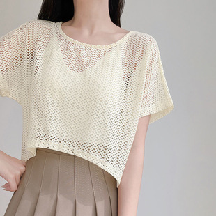 防晒镂空罩衫女夏天吊带裙的外搭半截宽松短袖蕾丝上衣设计感薄款