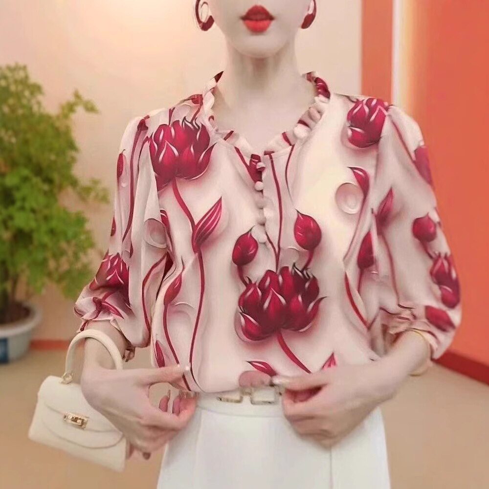 2026新款气质显瘦上衣印花雪纺衬衫女洋气时尚宽松长袖衬衣女