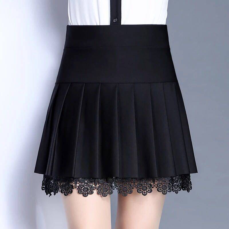 春夏款蕾丝边短裙防走光百褶裙蓬蓬裙半身裙高腰小黑裙A字短裙女