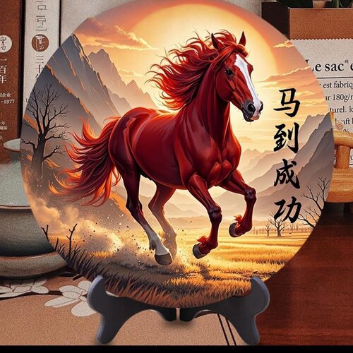高清马到成功中式密度板圆形桌面摆件客厅玄关书房办公室高级装饰