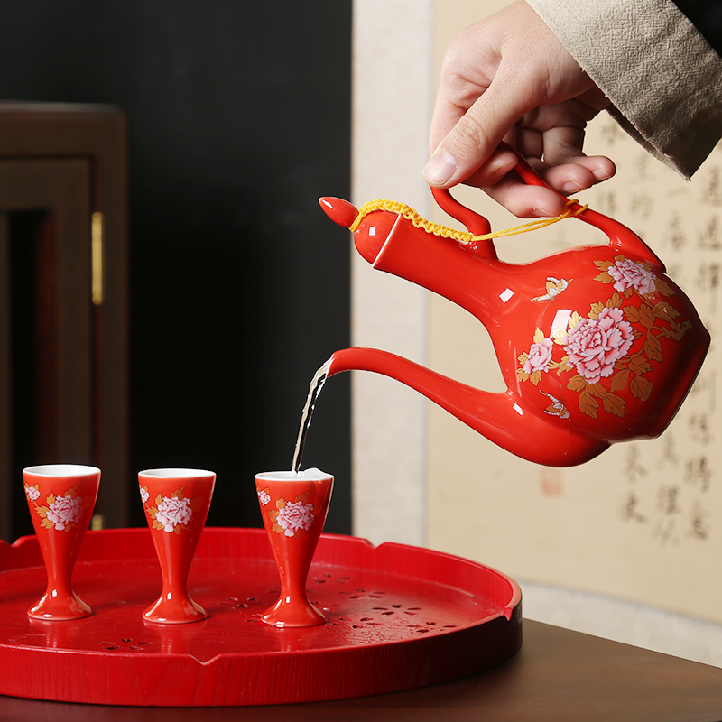 婚庆双喜红色陶瓷酒具酒壶酒杯分酒器白酒清酒黄酒热烫家用日式