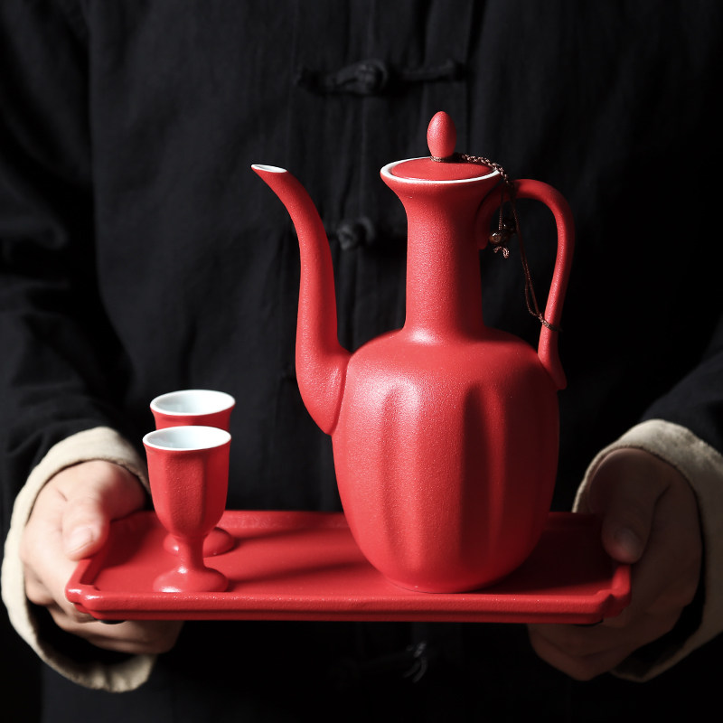 红色婚庆敬酒杯仿古白酒瓶小酒杯家用中式酒具套装陶瓷分酒器酒盅