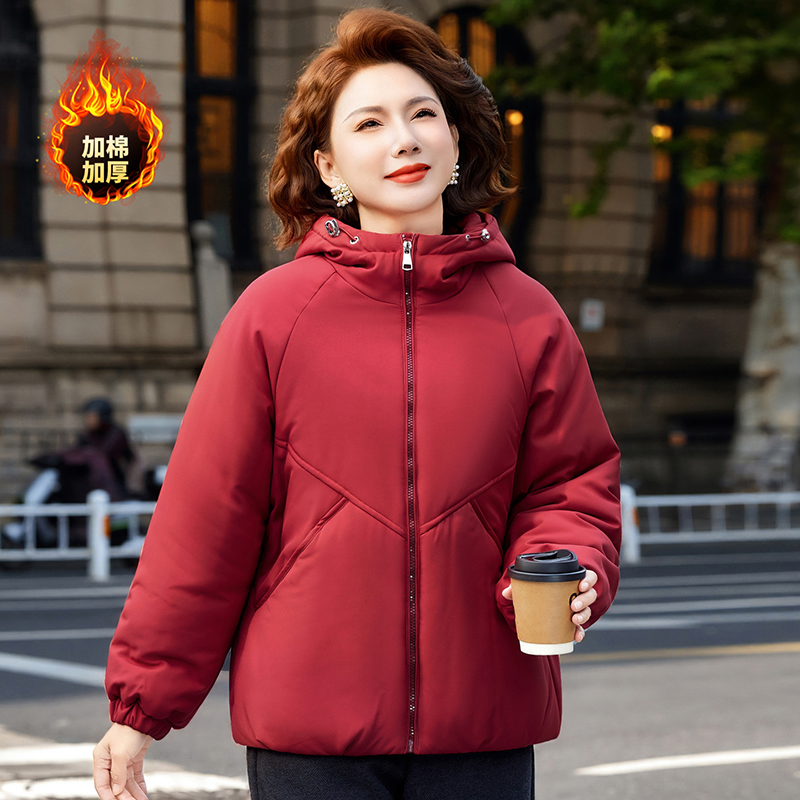 冬季连帽无工艺防风保暖女装加棉加厚气质保暖新年短款洋气棉服