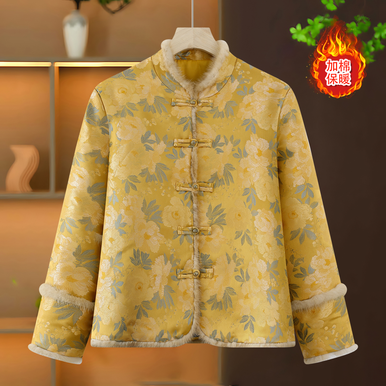 印染厚款盘口上衣冬季唐装民族风棉衣毛领女装加棉加厚外套长袖