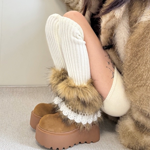 斯拉夫风加厚费尔岛仿皮草毛毛蕾丝拼接针织加长腿套保暖堆堆袜套