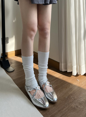 春夏balletcore芭蕾风薄棉竖条木耳边腿套百搭白色踩脚袜套中筒女