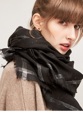 出口日单精仿羊毛薄款黑色银丝亮片宽大围巾披肩空调房防晒保暖