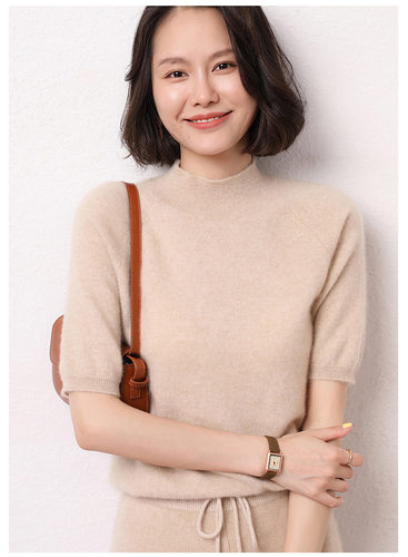 95%山羊绒秋冬新款女装插肩平面半高领短款套头打底针织衫半袖