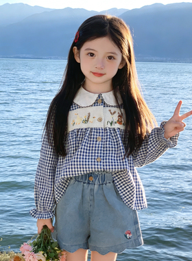 【云上香草】H2611女童春季新款格子小兔韩版百搭衬衫长袖春衬衣