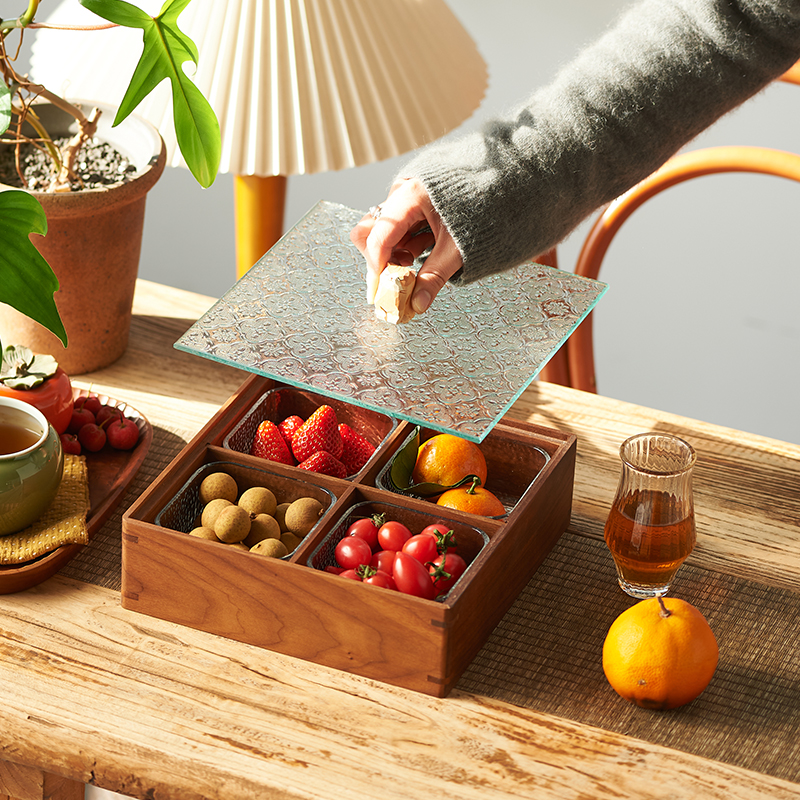 肆月黑胡桃木实木分格干果盘